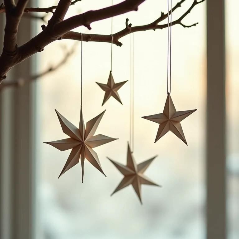 Estrelas de origami, guirlandas e anjos de papel pendurados em galhos.