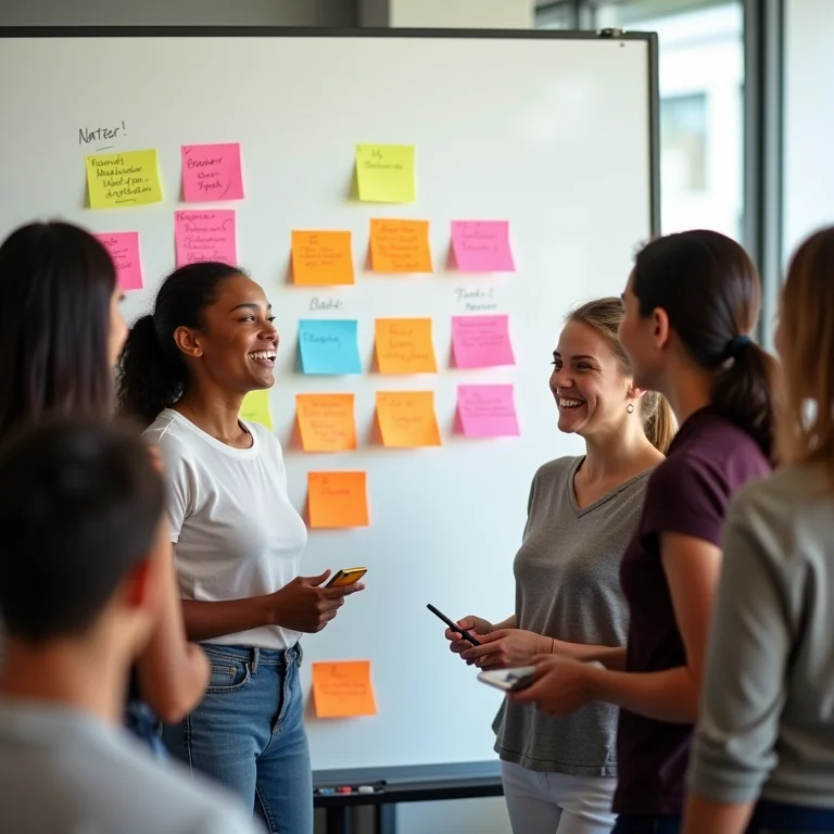 Estudantes engajados em brainstorming com notas adesivas.