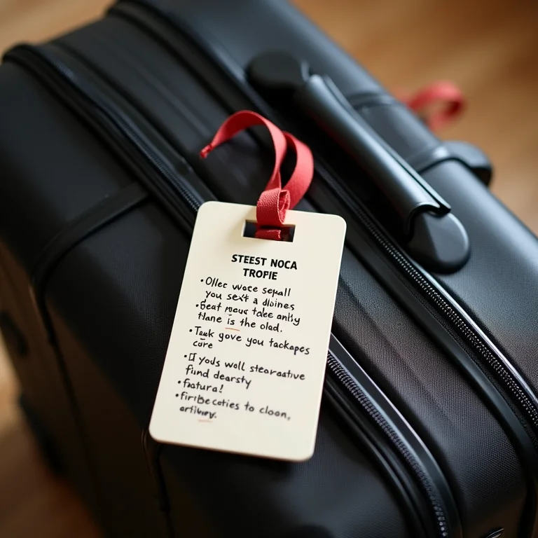 Etiqueta de bagagem com dicas de otimização e mala bem organizada ao lado