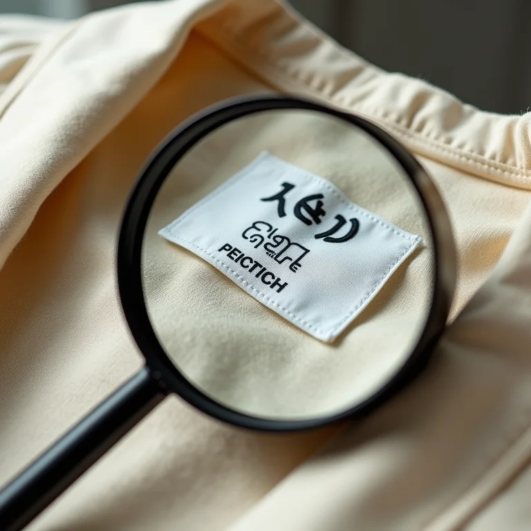 Etiqueta de roupa sendo examinada com uma lupa.