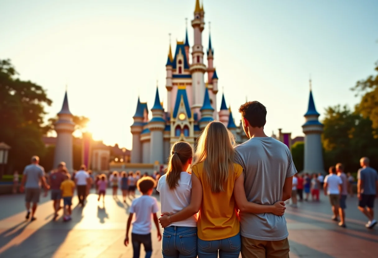 Família feliz em frente ao Castelo da Cinderela na Disney