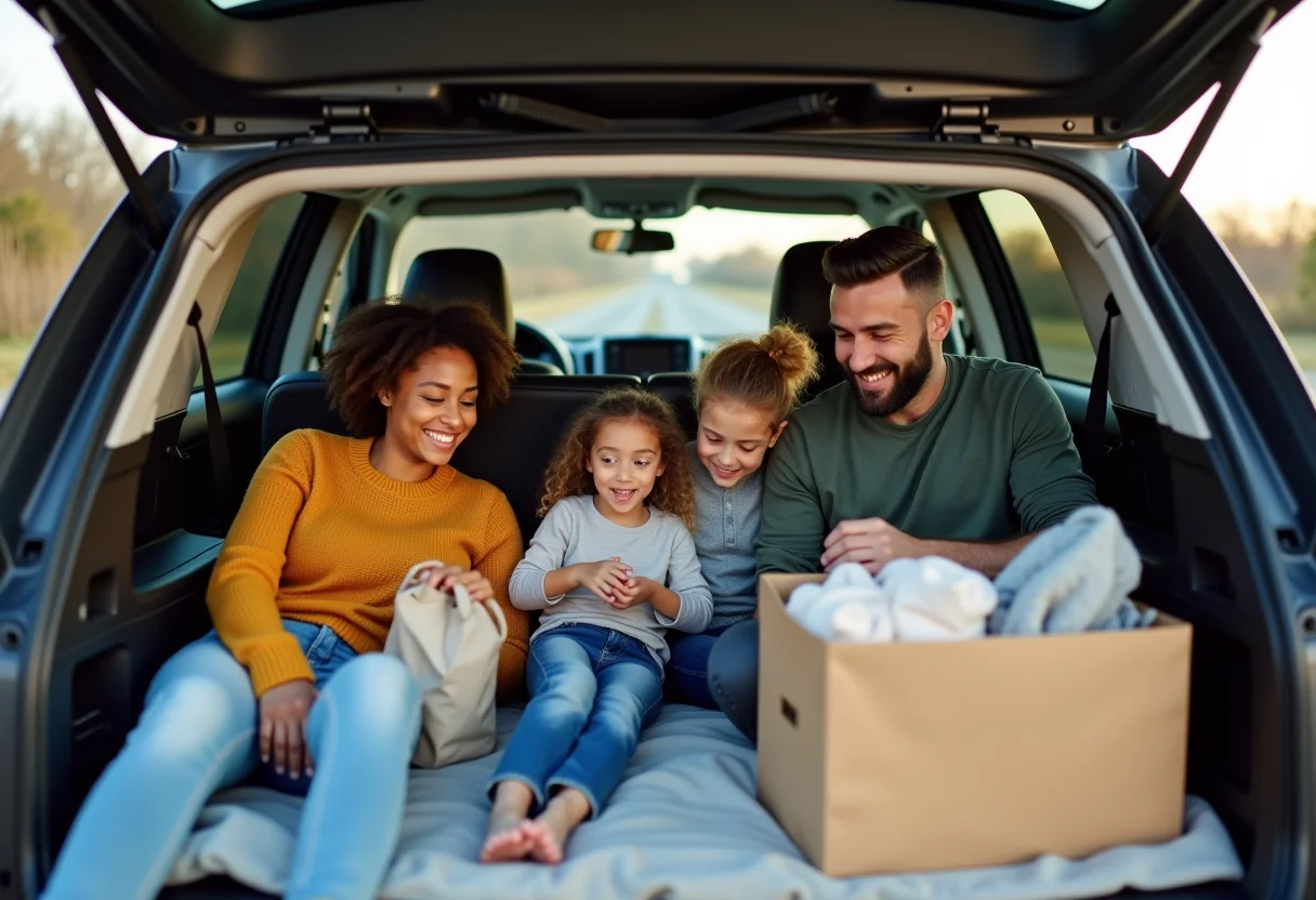 Família feliz organizando o carro para uma viagem
