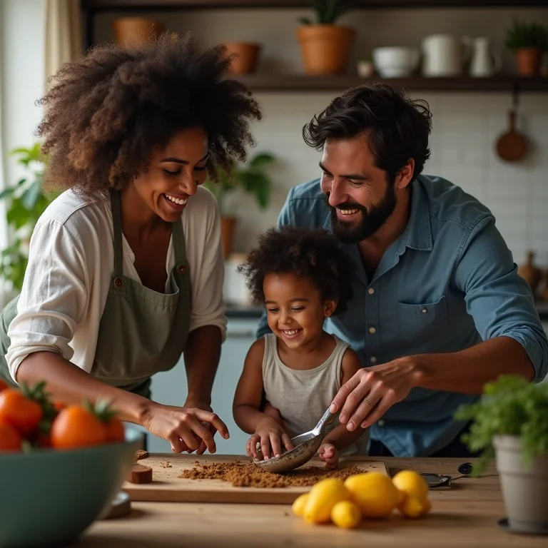Família limpando a casa junta.