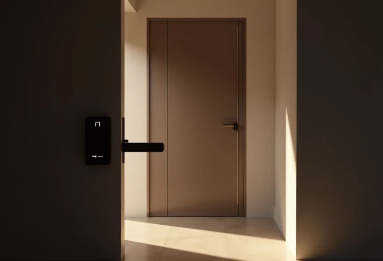 Fechadura digital biométrica em porta de entrada moderna