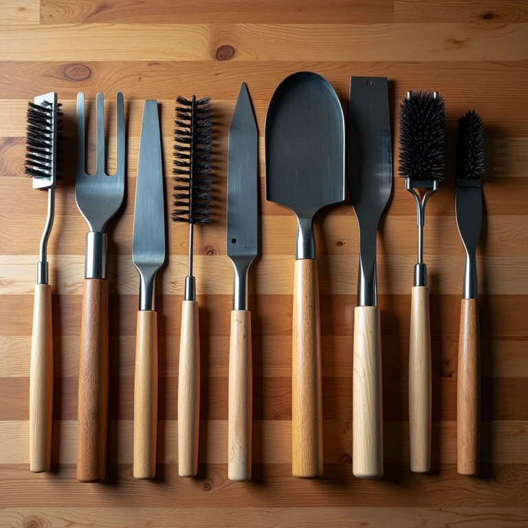 Ferramentas de limpeza de grelha organizadas em uma mesa