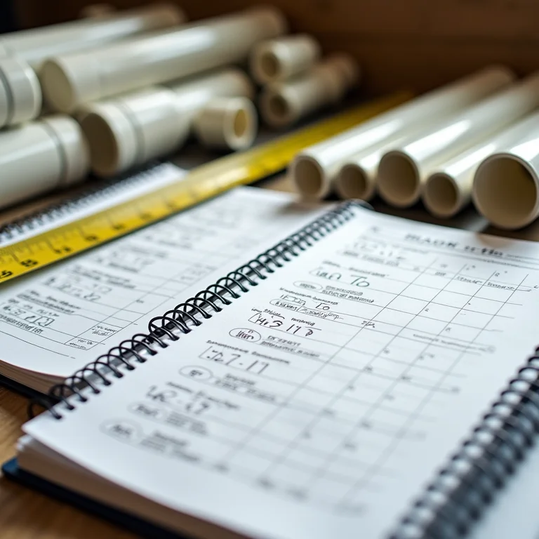 Fita métrica, caderno com cálculos e canos PVC em mesa