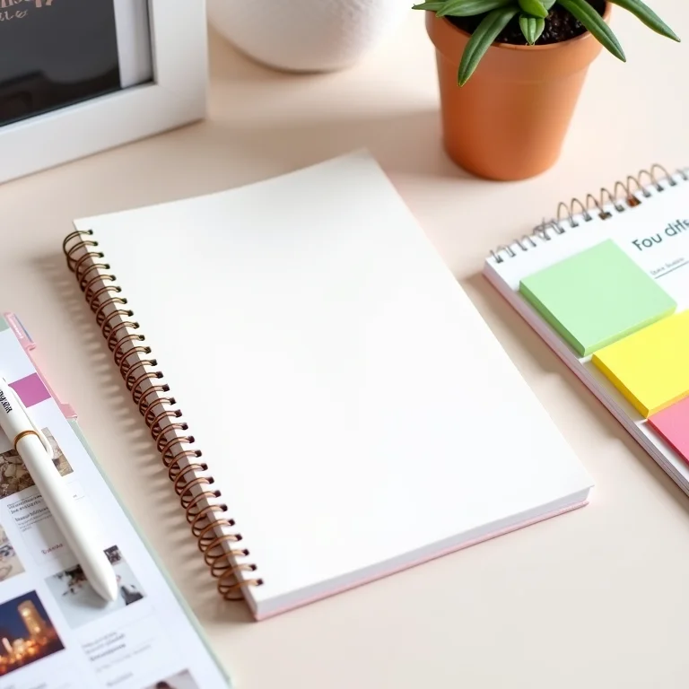 Flat lay com itens essenciais para planejamento de festa, como caderno, caneta e calendário.
