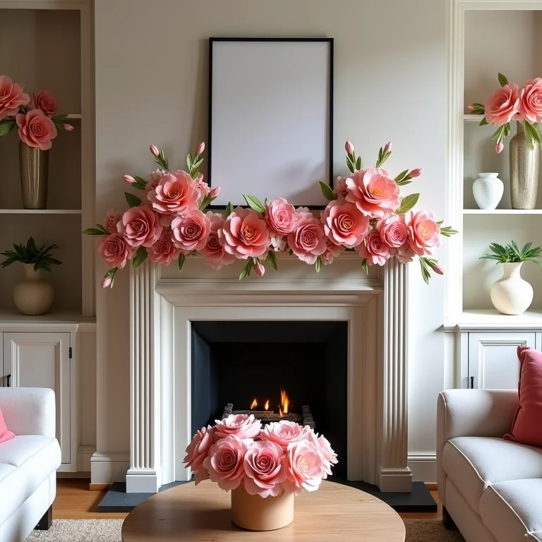 Flores de papel decorando diversos ambientes de uma sala de estar.