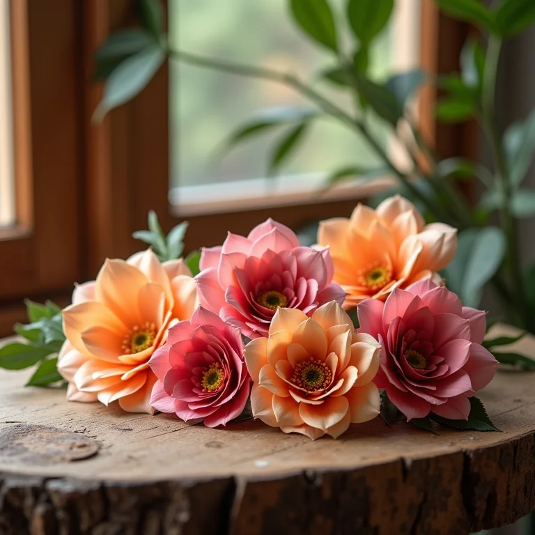 Flores de papel decorativas em mesa de madeira rústica.