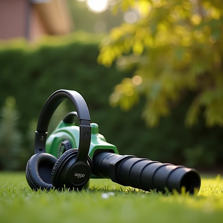 Fone de ouvido com cancelamento de ruído perto de soprador de folhas