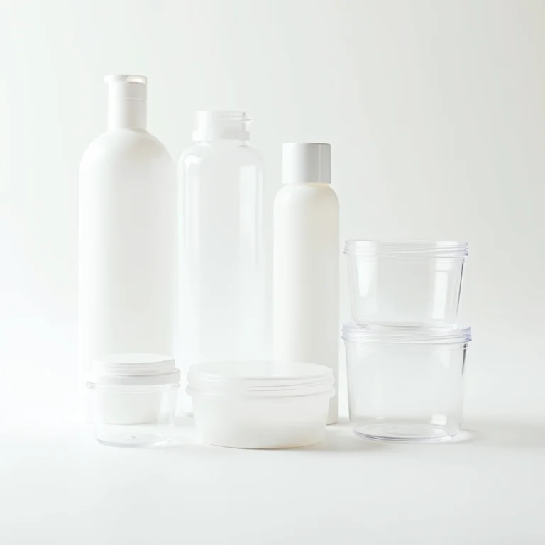 Formatos e tamanhos variados de potes plásticos.