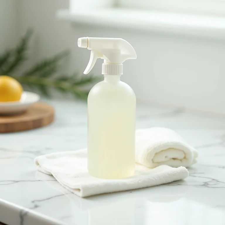 Frasco de spray com vinagre branco e um pano limpo sobre uma bancada de mármore