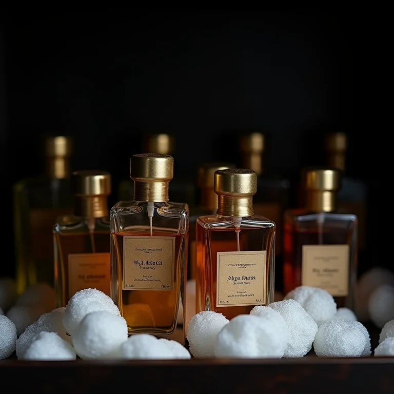 Frascos de perfume armazenados em um armário escuro com sílica gel