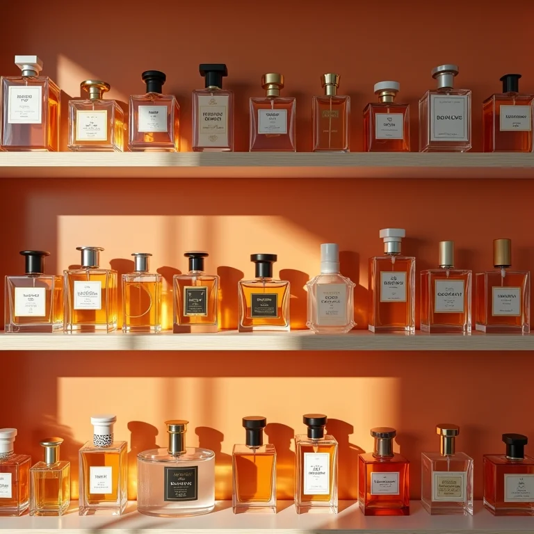 Frascos de perfume dispostos em prateleiras para fácil acesso e visualização