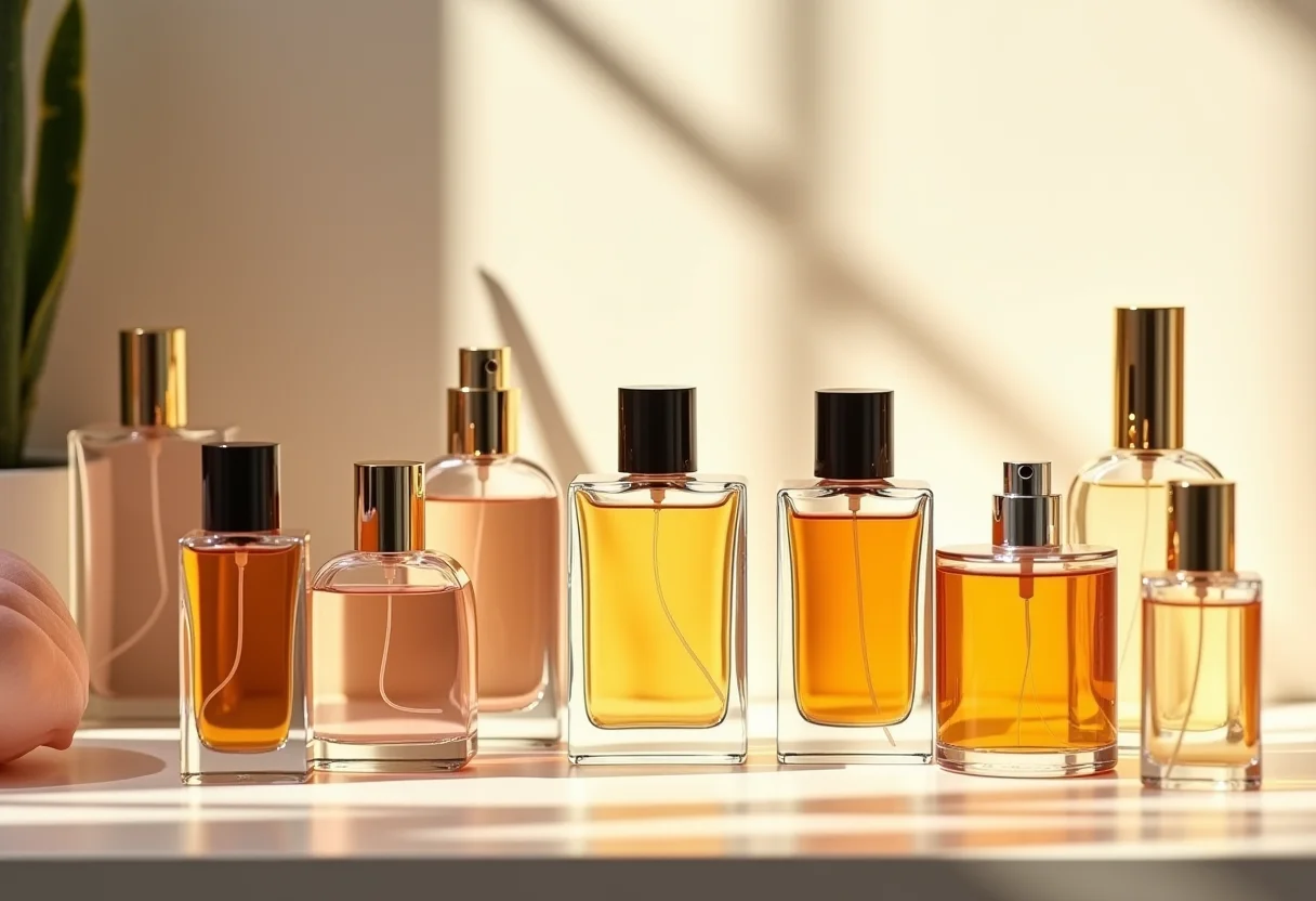 Frascos de perfume diversos organizados em uma penteadeira com iluminação suave