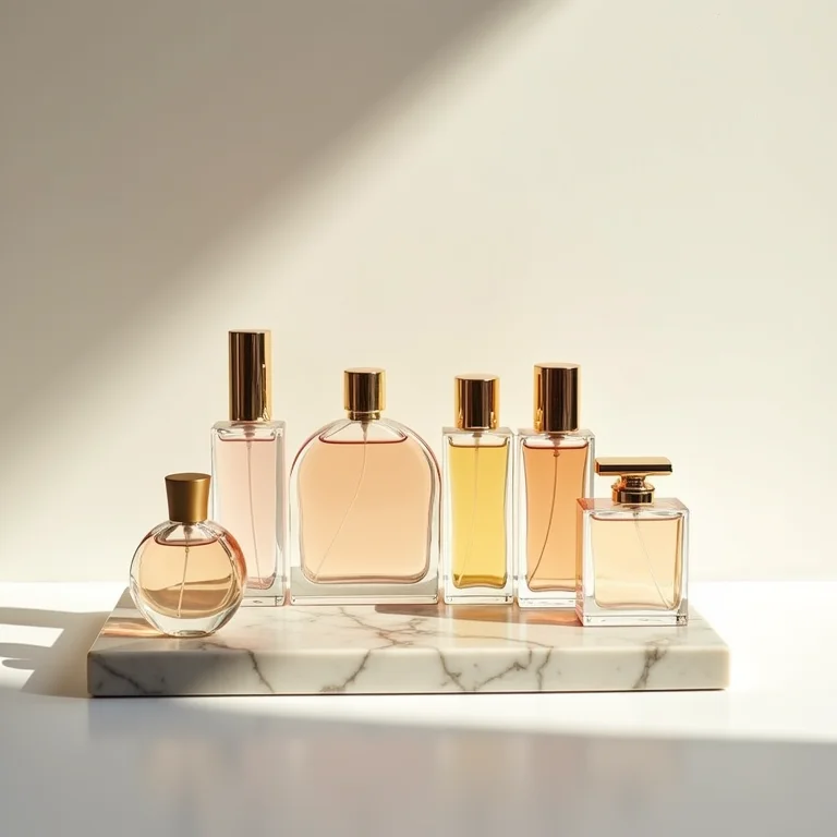 Frascos de perfume organizados em bandeja de mármore