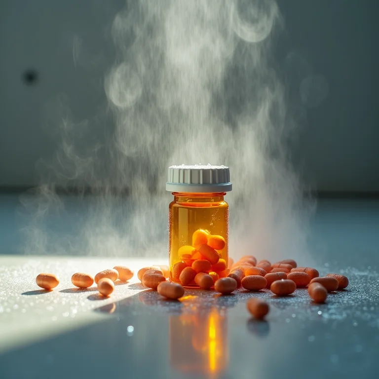 Frascos de remédio embaçados próximos a um chuveiro