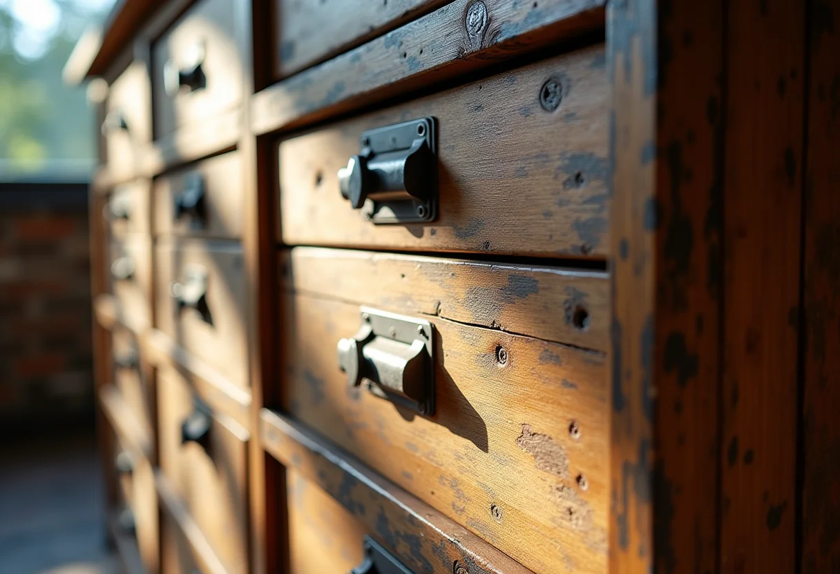 Gabinete de madeira com efeito de pátina rústica.