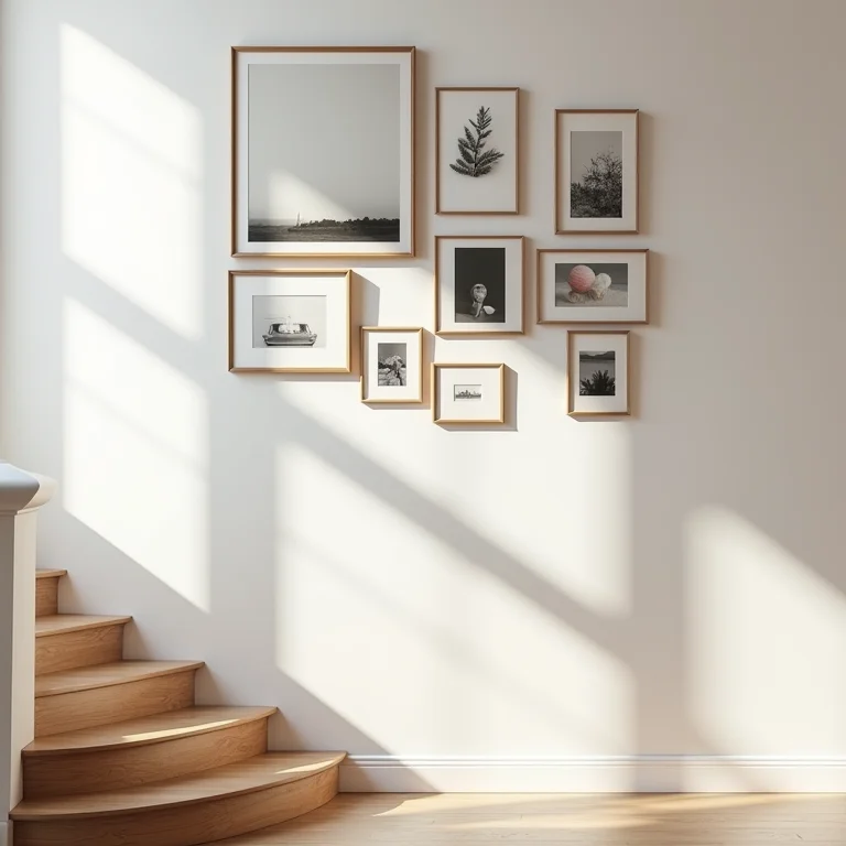 Galeria de arte na parede da escada com quadros e fotos