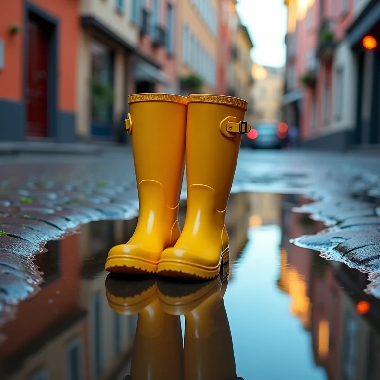 Galochas amarelas refletindo paisagem urbana em poça