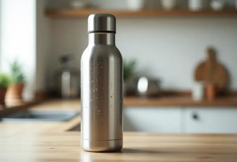 Garrafa térmica de inox brilhando com gotas de água