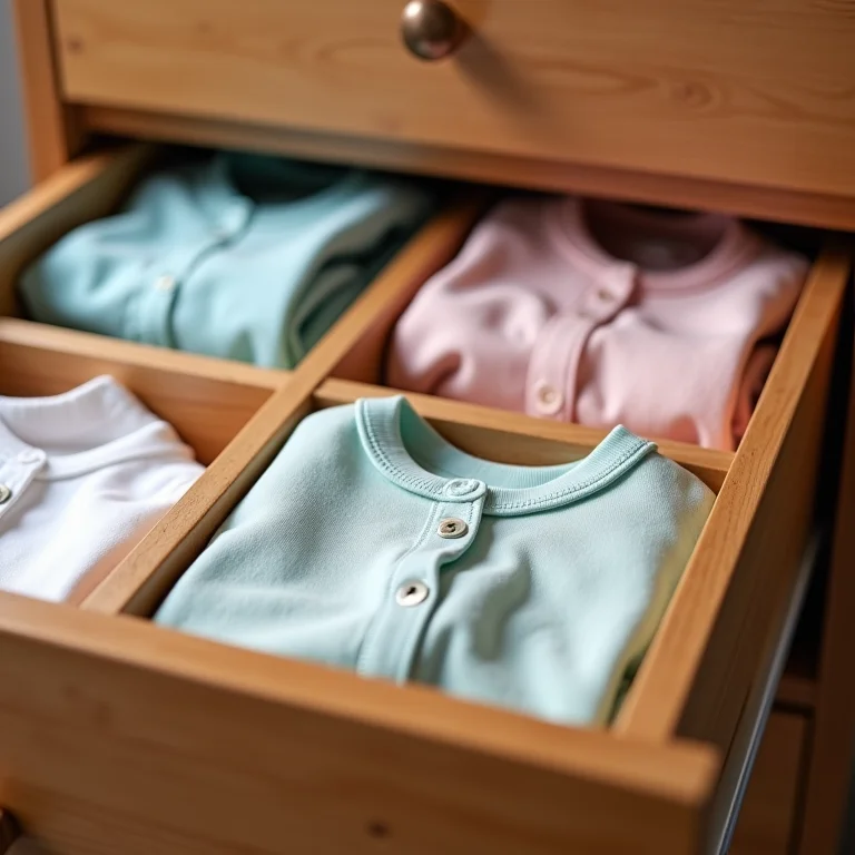 Gaveta de cômoda organizada com roupas de bebê dobradas