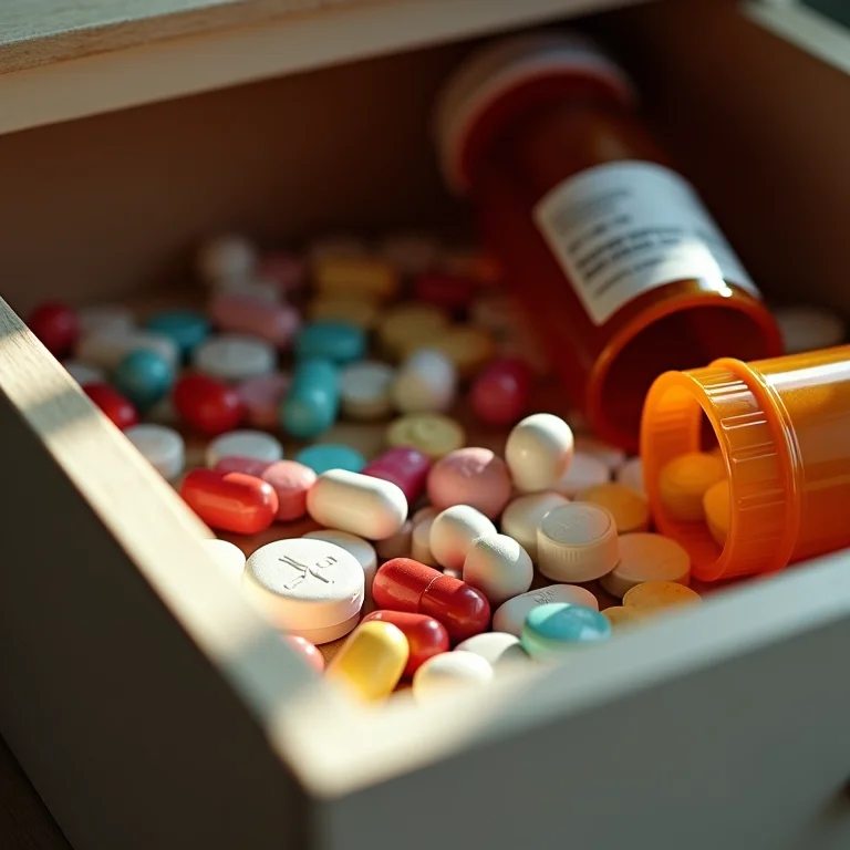 Gaveta de remédios com medicamentos misturados e desorganizados