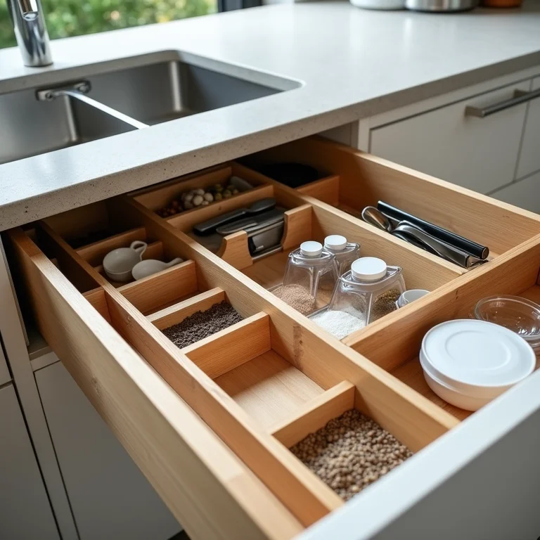 Gavetas de cozinha organizadas com divisórias de madeira