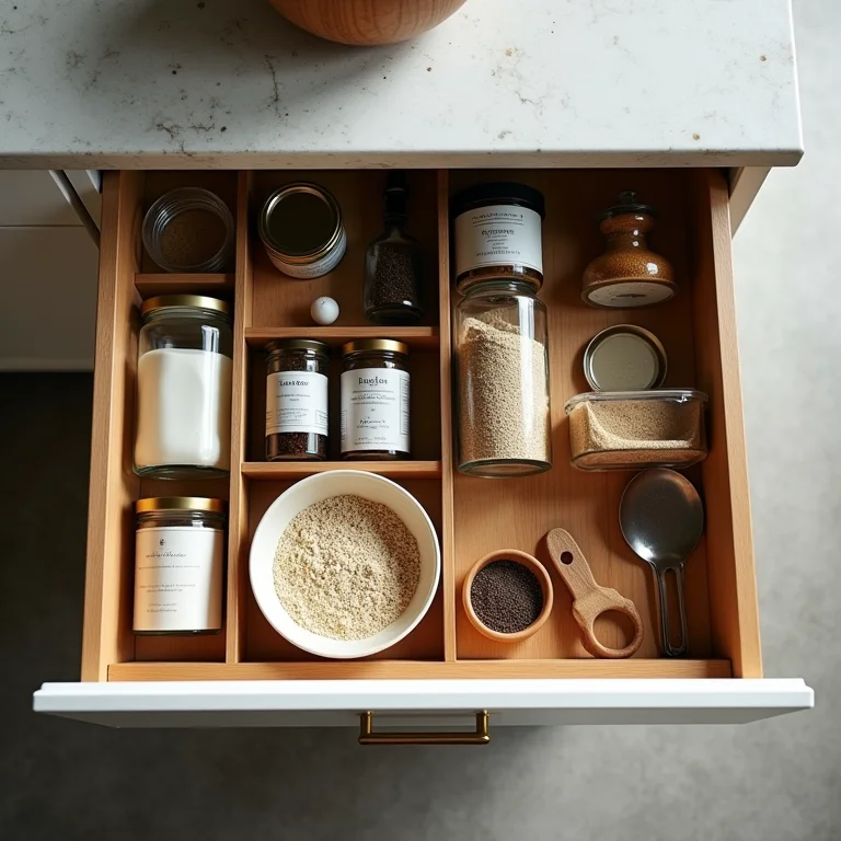 Gavetas de cozinha organizadas com utensílios e ingredientes essenciais