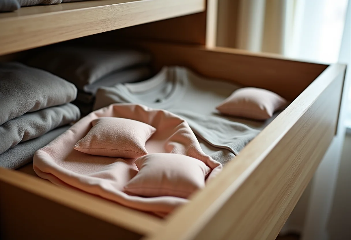 Gavetas impecáveis com sachês perfumados.