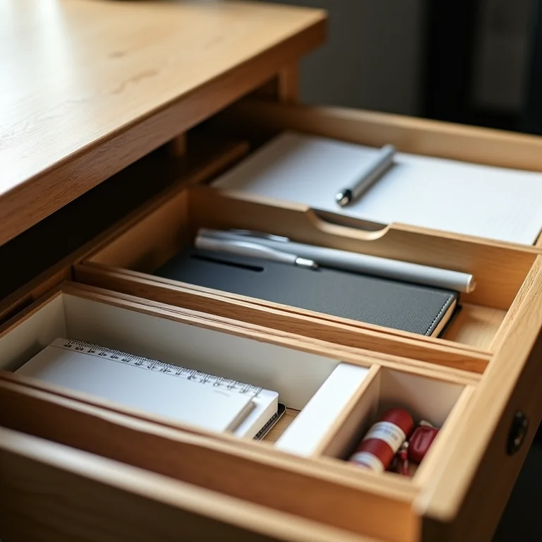 Gavetas organizadas com divisórias e papelaria.