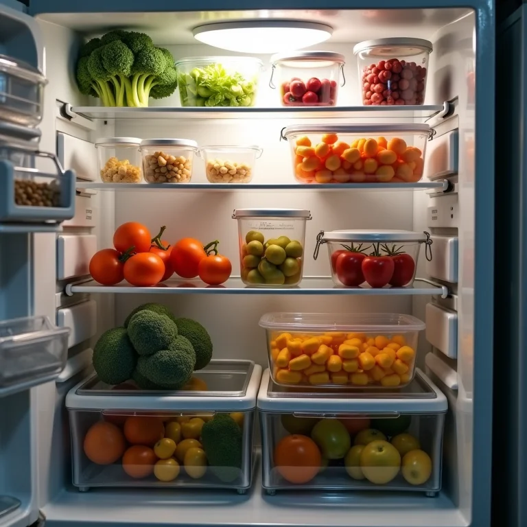Geladeira organizada com alimentos frescos e visíveis