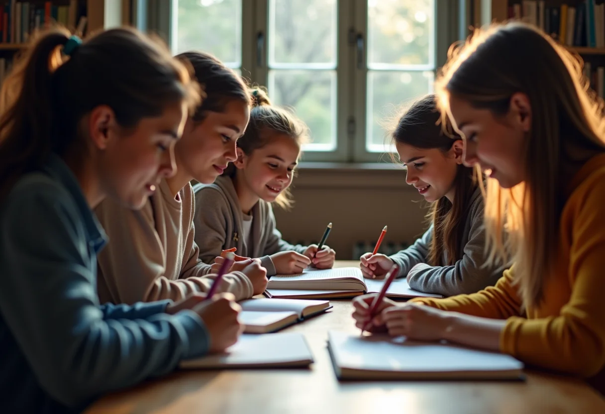 Grupo de estudantes diversos estudando juntos em biblioteca.