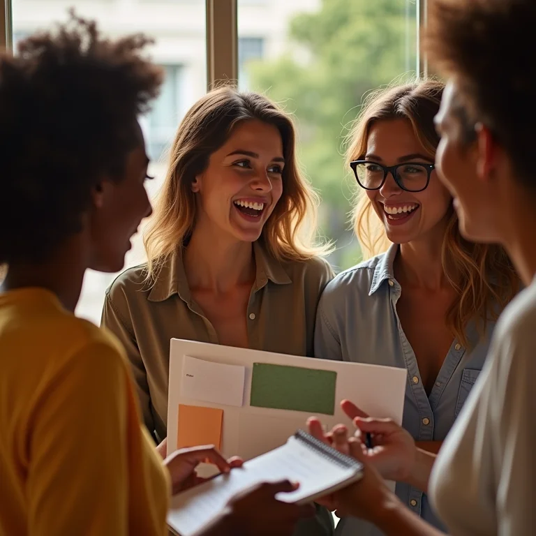Grupo diverso de amigas planejando uma festa, discutindo ideias e anotando em um caderno.