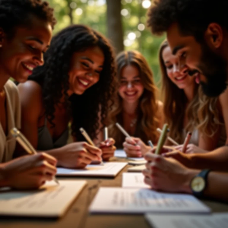 Grupo diverso de amigos escrevendo em uma lista de convidados para uma festa.