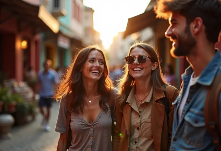 Grupo diverso de viajantes explorando um mercado estrangeiro.