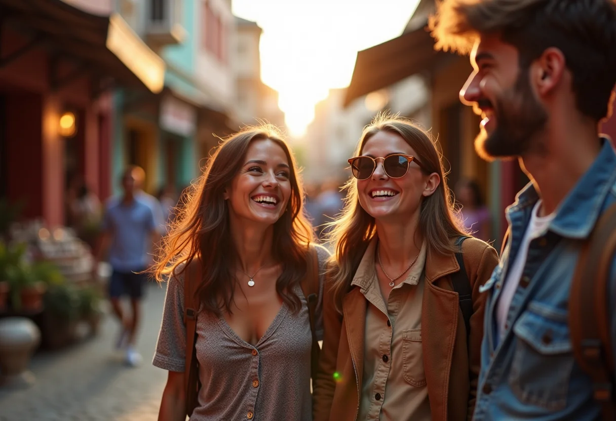 Grupo diverso de viajantes explorando um mercado estrangeiro.