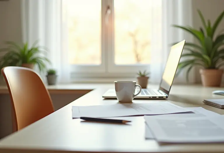 Home office clean e moderno com iluminação natural e detalhes minimalistas.