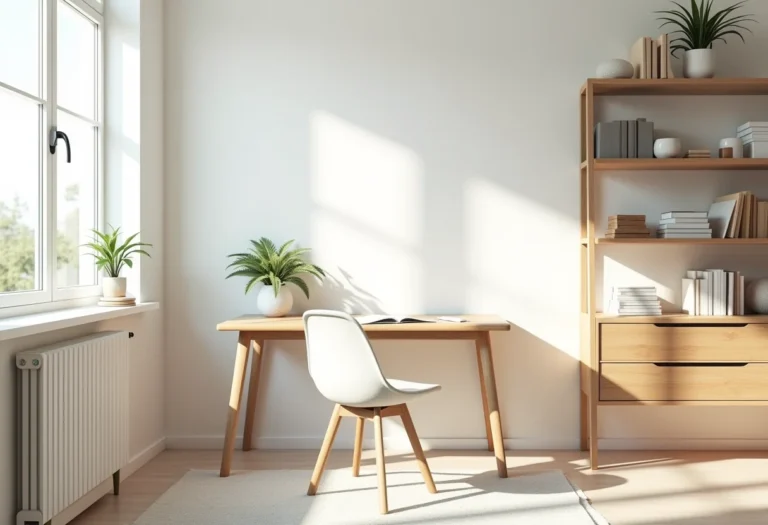 Home office organizado com mesa limpa e iluminação natural