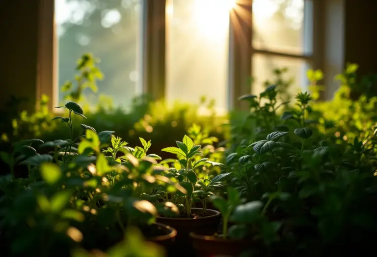 Horta de temperos caseira exuberante e iluminada pelo sol
