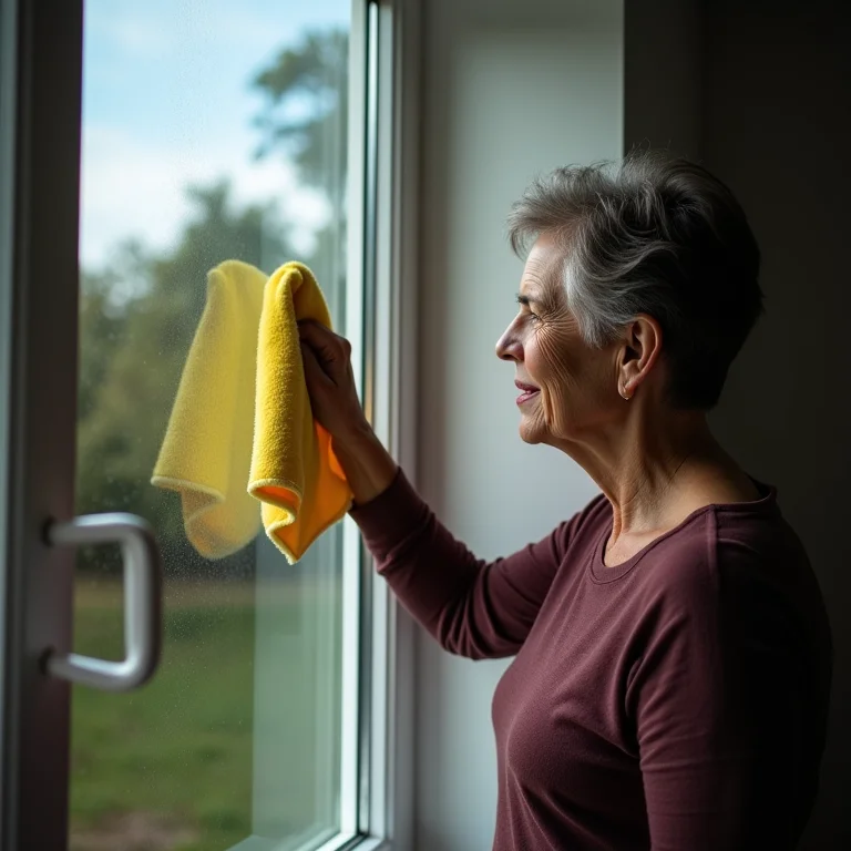 Idosa limpando uma janela com um pano de microfibra.