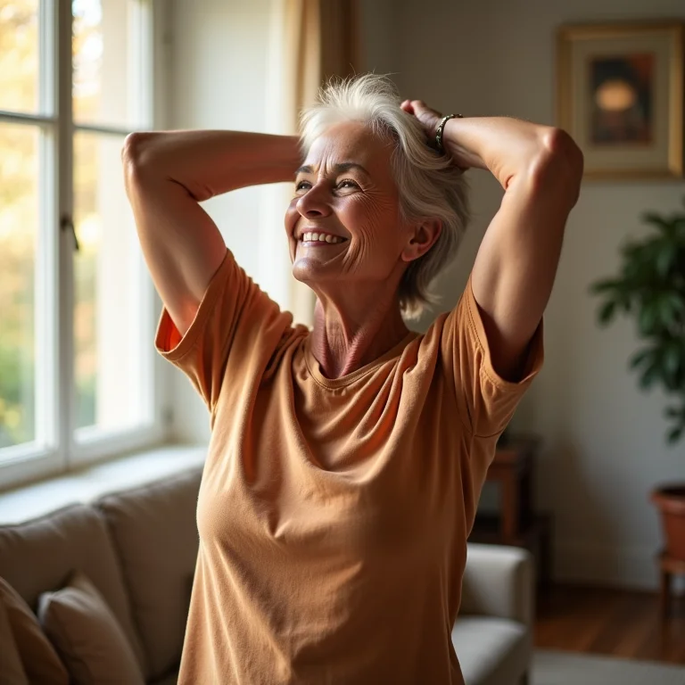 Idosa sorrindo enquanto se alonga em uma sala iluminada pelo sol.