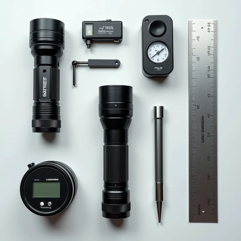 Instrumentos de teste para avaliar a potência de lanternas de LED recarregáveis.