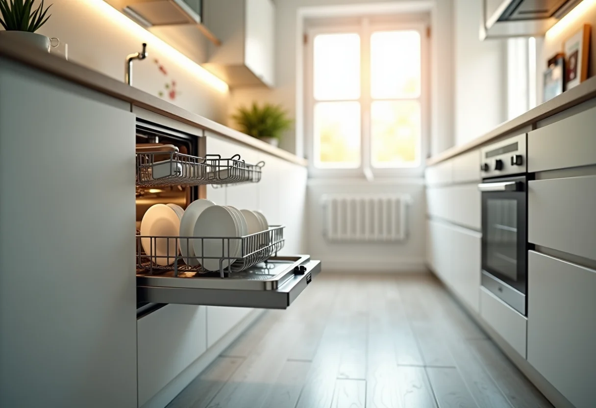 Interior de cozinha moderna com máquina de lavar louça impecável