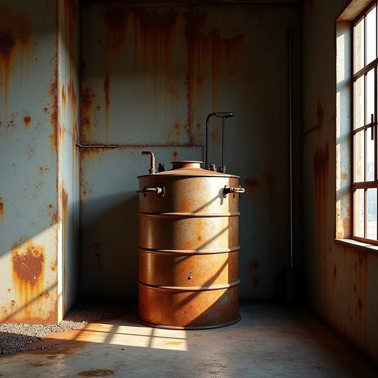 Interior de um reservatório de água com corrosão