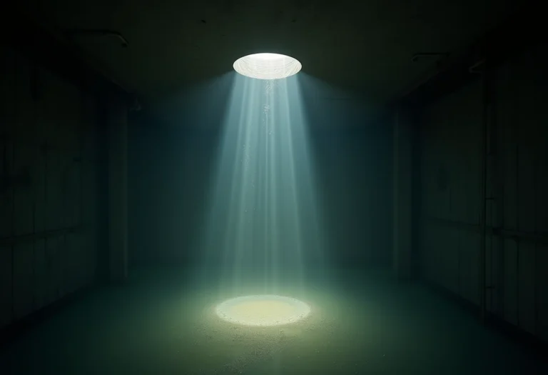 Interior de um reservatório de água com resíduos e pouca luz