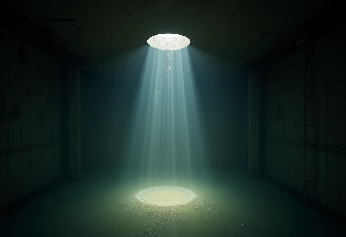 Interior de um reservatório de água com resíduos e pouca luz