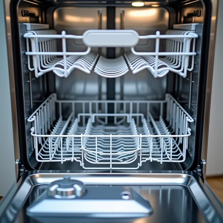 Interior impecável de uma lava-louças de aço inoxidável