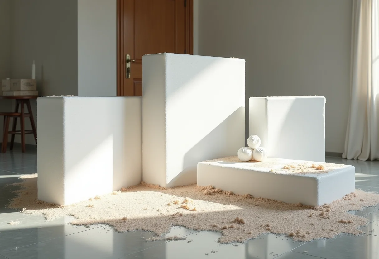 Isopor sujo e materiais de limpeza em composição minimalista