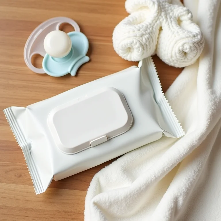 Itens de higiene e conforto do bebê para a mala de maternidade em um flat lay